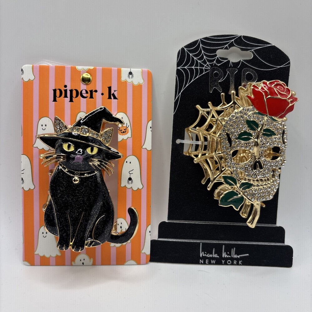 Piper K BLACK CAT Witch Halloween Hair Claw Clip & Nicole Miller Skull lot of 2